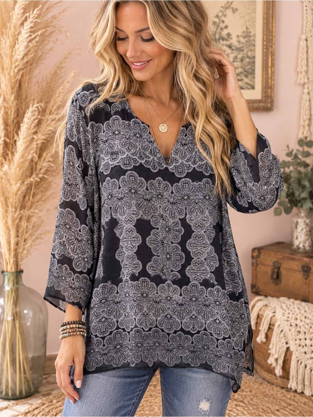 Violet & Claire Black Top with Gray Lace-Style Print